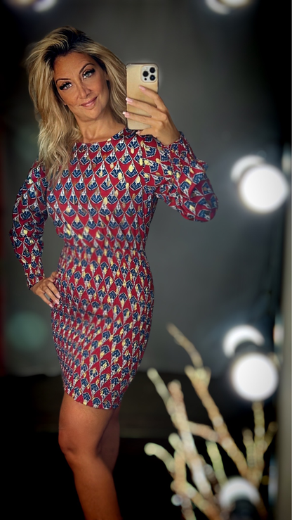 Stretch dress-Red/Blue gold leaves