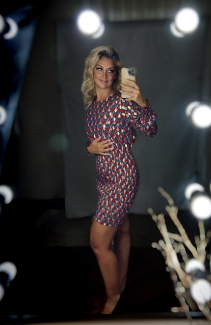 Stretch dress-Red/Blue gold leaves