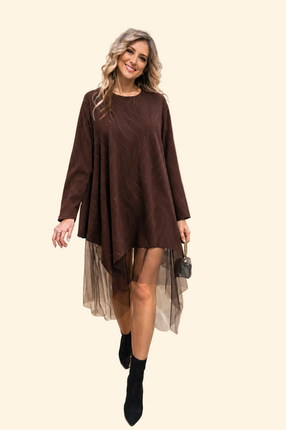 Abito Curvy con strass e tulle - Marrone