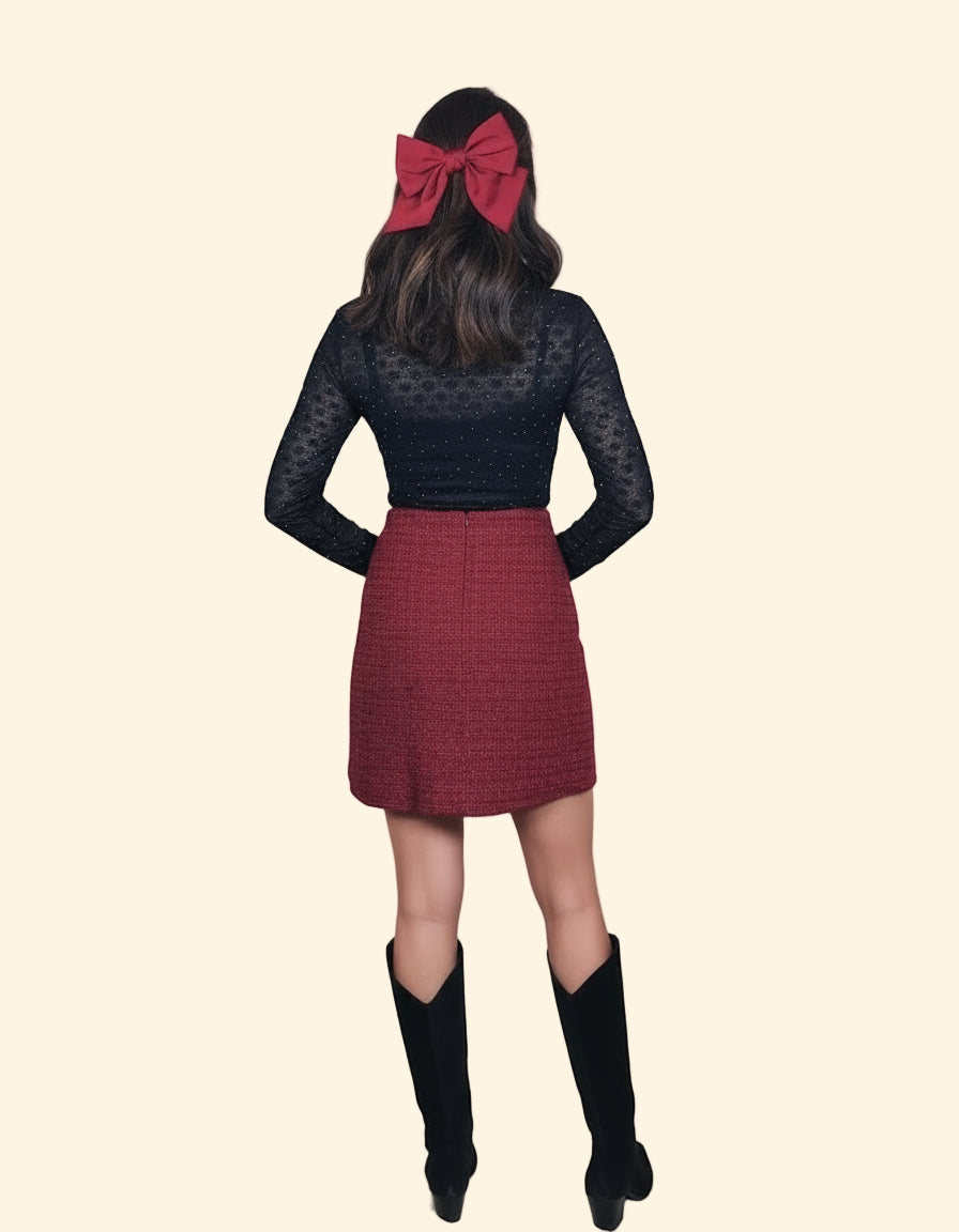 Gonna in Tweed a Vita Alta con Bottoni- Borgogna