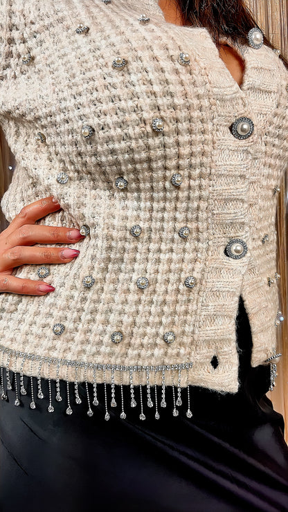 Knitted jacket with pearls and rhinestones