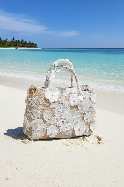 MAREA WHITE - Borsa in paglia con Fiori 3D in Pizzo Bianco