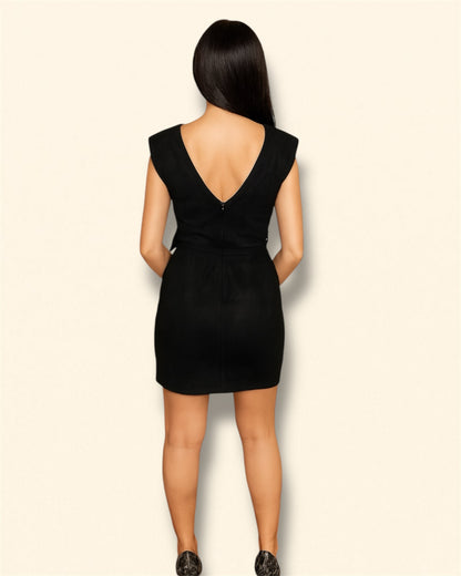 Abito Tubino in Suede con Cintura Gioiello - Nero
