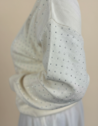 Pullover over strass con cappuccio in eco­pelliccia – Beige