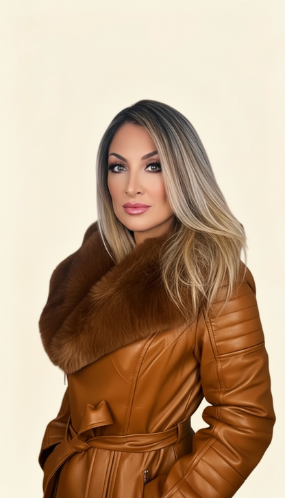 Cappotto Ecopelle con Pelliccia Ecologica e Interno Teddy - Terracotta