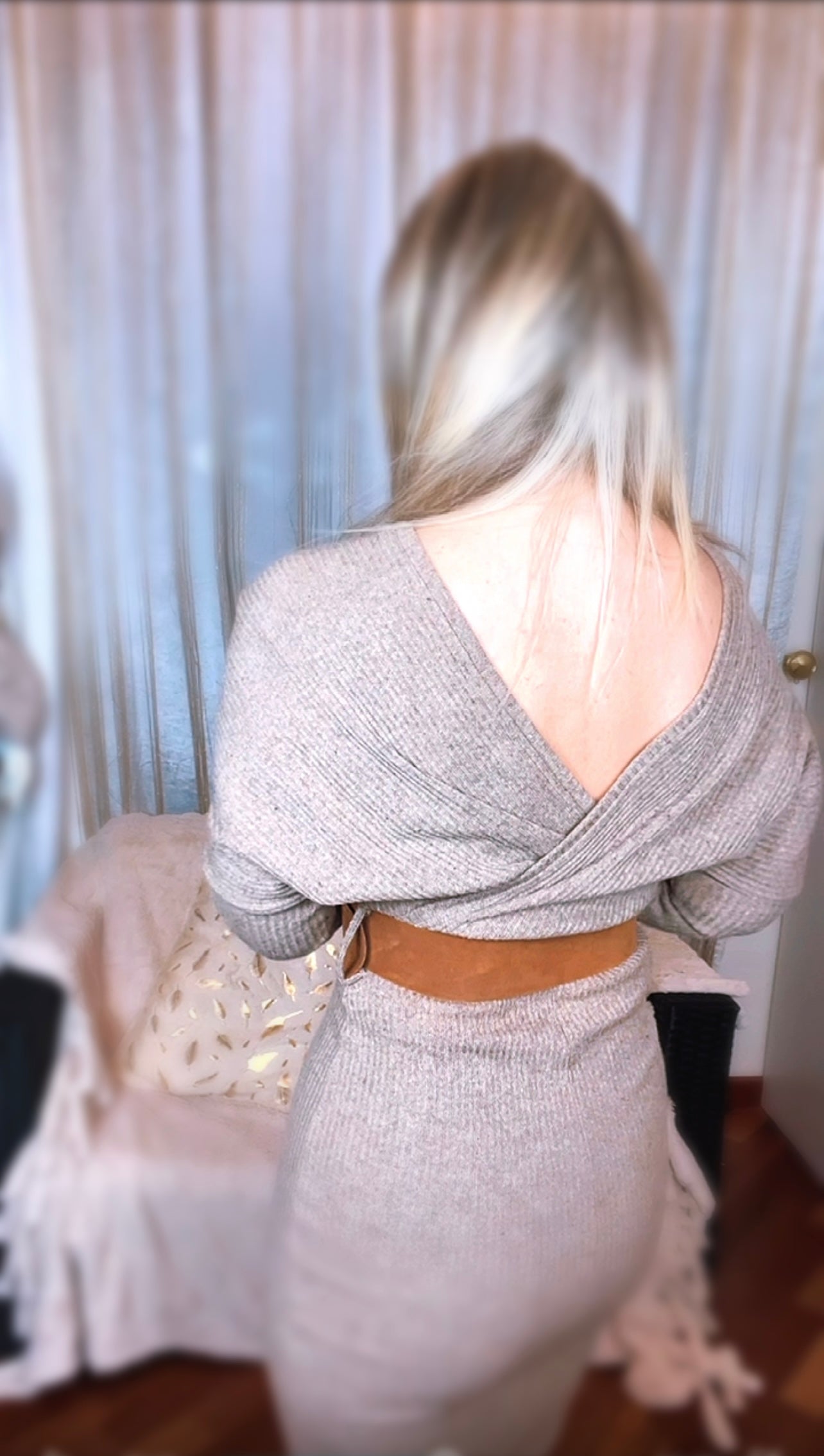 Knit Dress with Belt - Dark Beige
