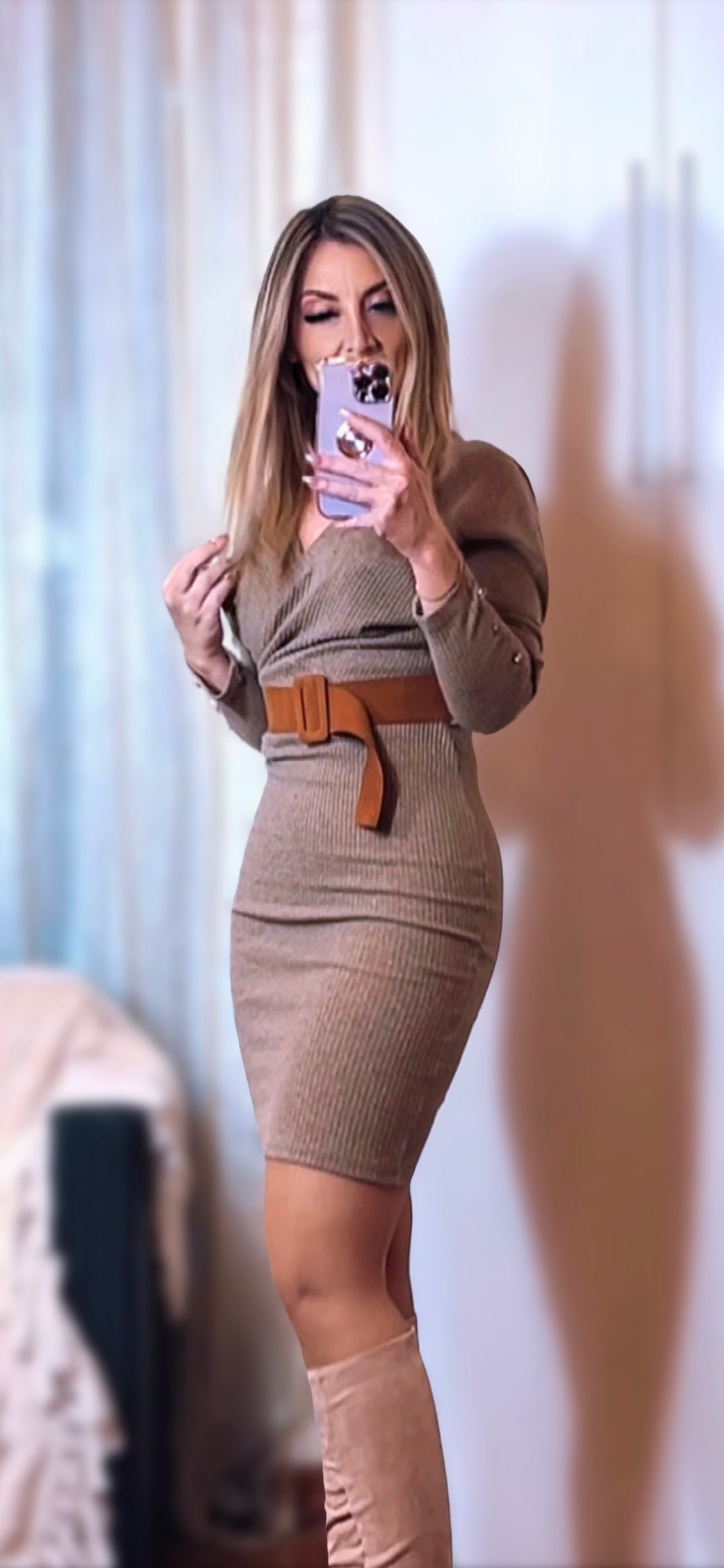 Knit Dress with Belt - Dark Beige