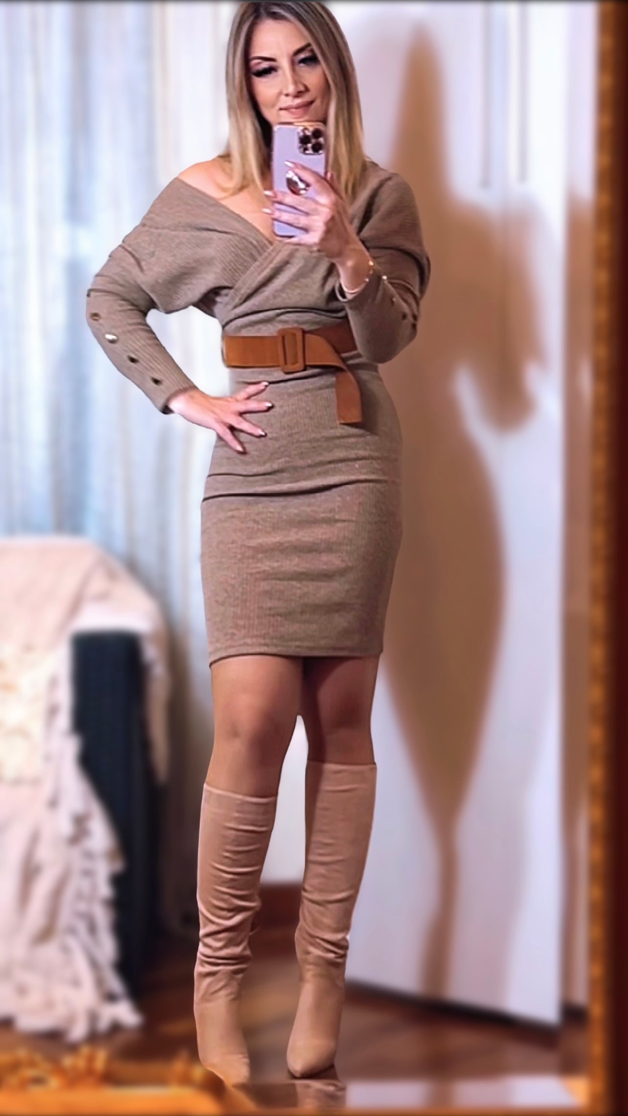 Knit Dress with Belt - Dark Beige
