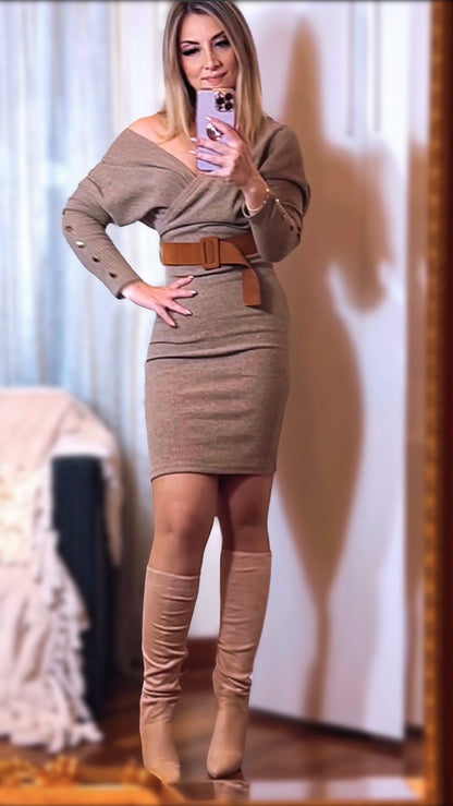 Knit Dress with Belt - Dark Beige