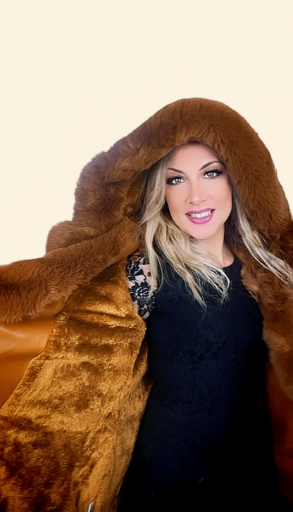 Cappotto Ecopelle con Pelliccia Ecologica e Interno Teddy - Terracotta
