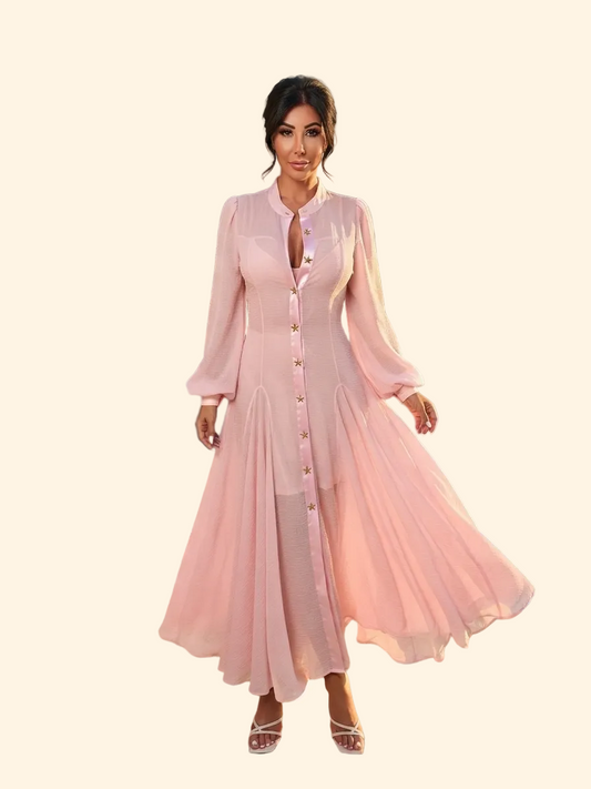 AURORA — Kimono Lungo Arioso con Dettagli in Raso e Stelle - Rosa cipria