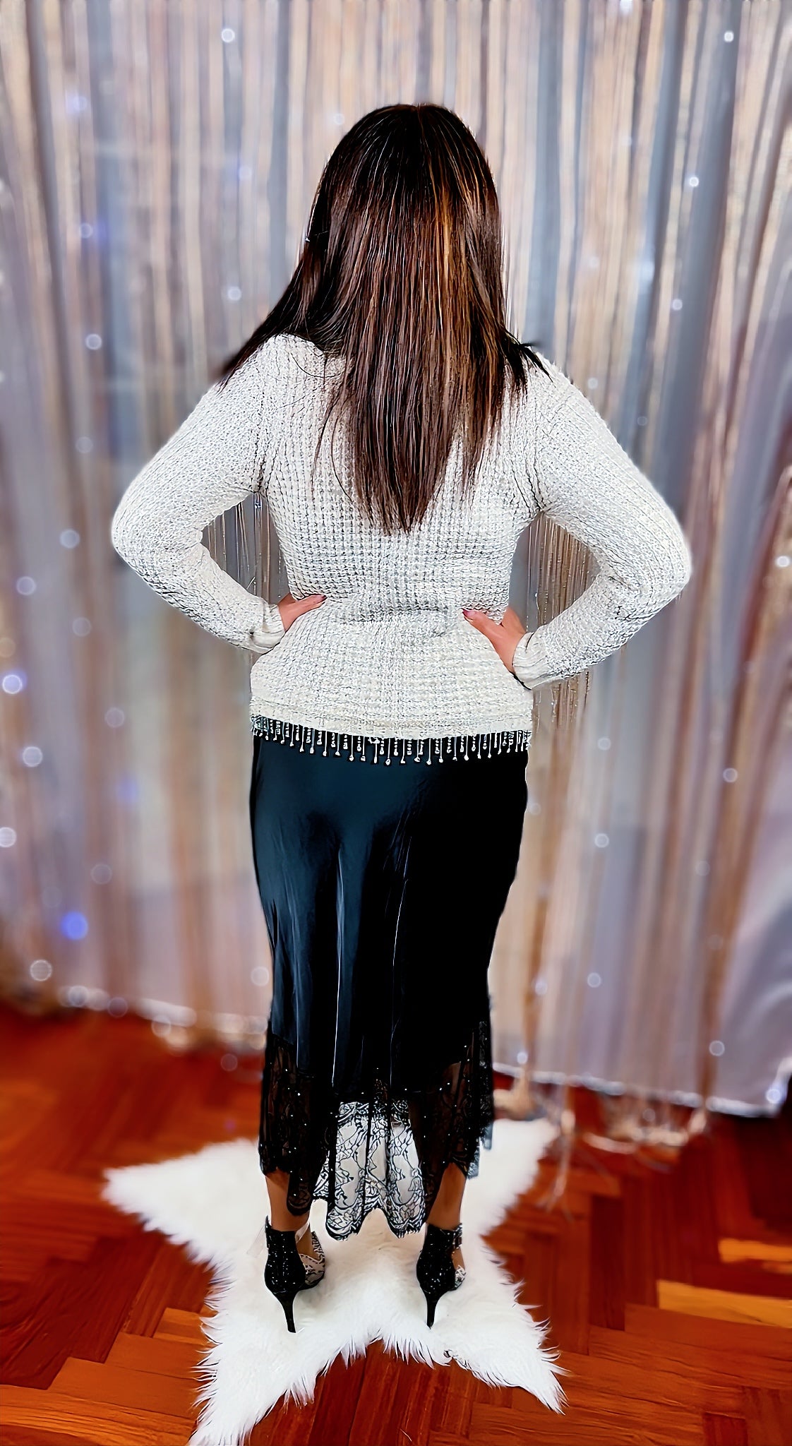 Knitted jacket with pearls and rhinestones