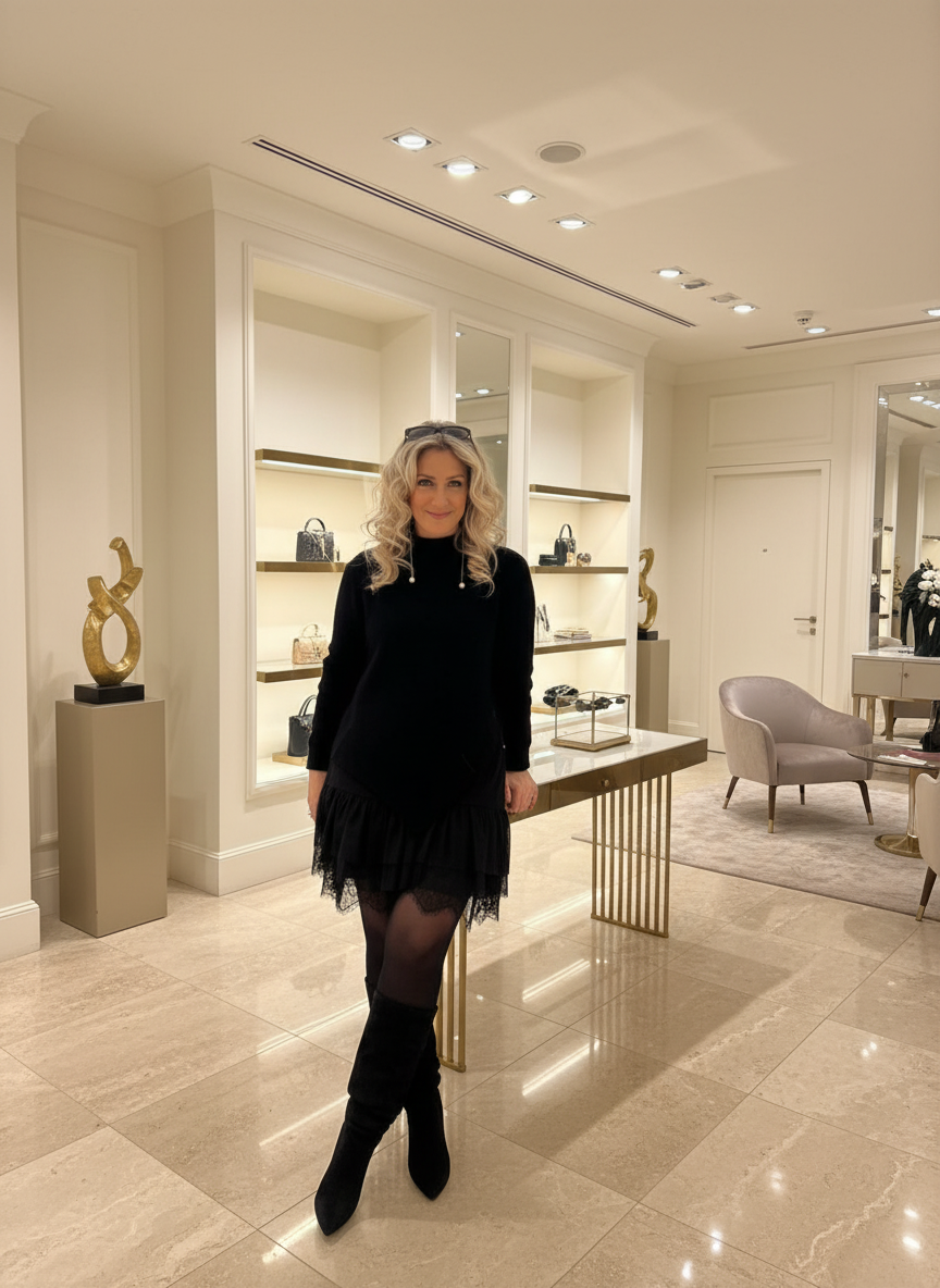 Set 2 pezzi: abito canotta con balze in tulle + pullover asimmetrico – Nero