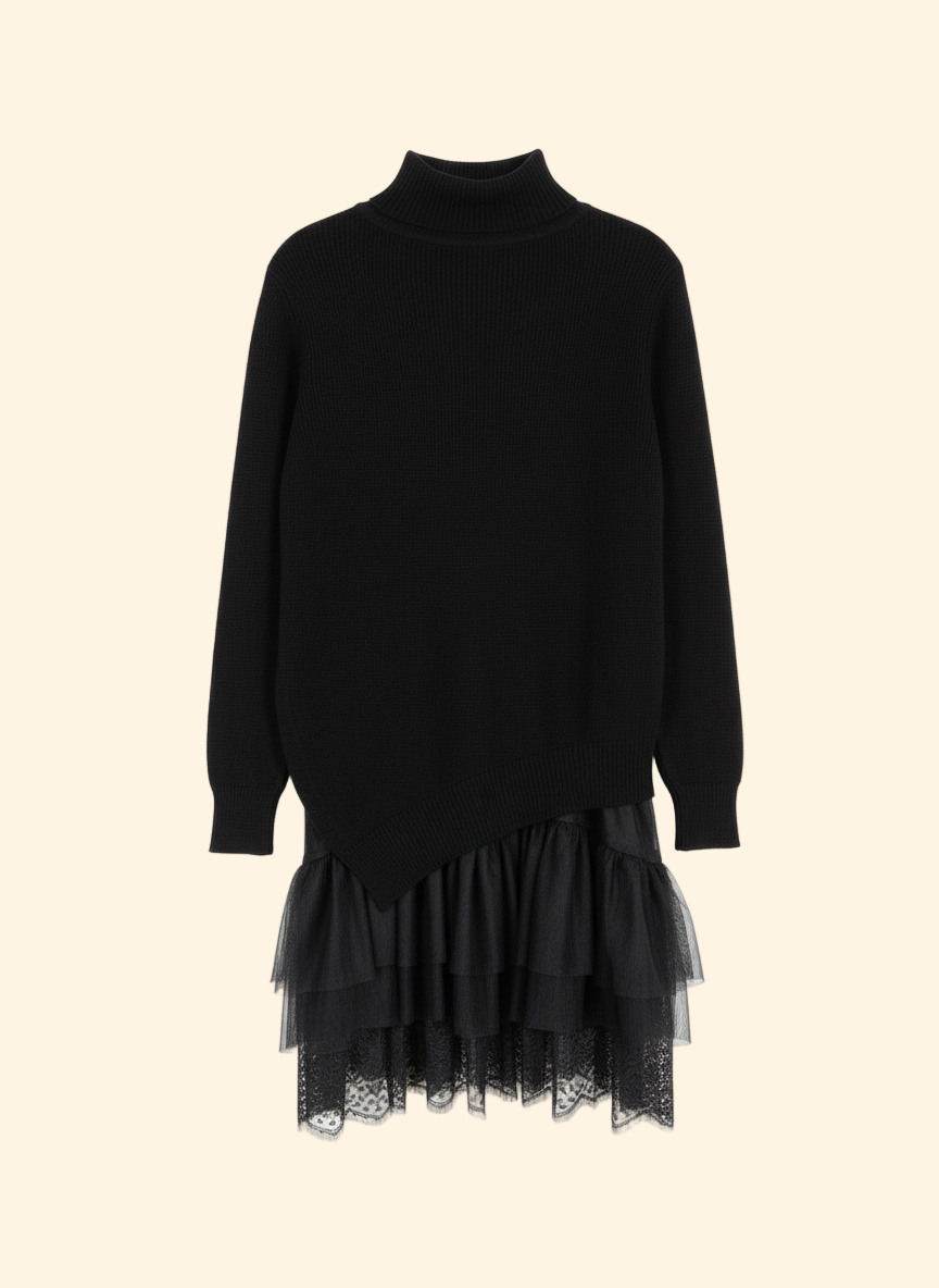 Set 2 pezzi: abito canotta con balze in tulle + pullover asimmetrico – Nero
