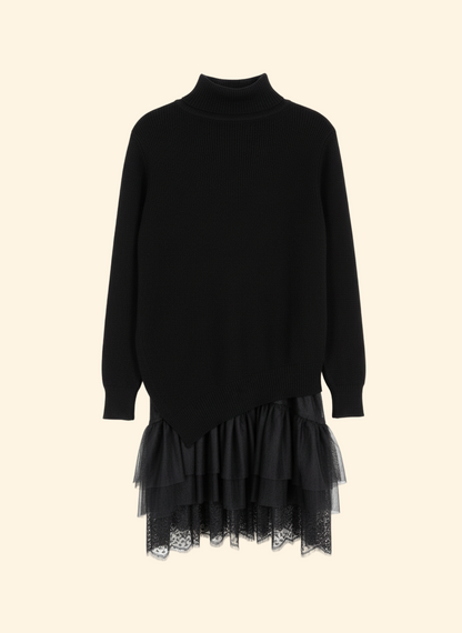 Set 2 pezzi: abito canotta con balze in tulle + pullover asimmetrico – Nero