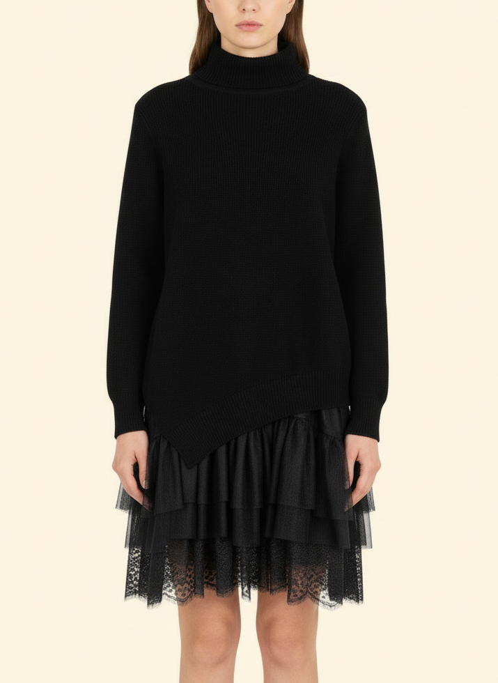 Set 2 pezzi: abito canotta con balze in tulle + pullover asimmetrico – Nero