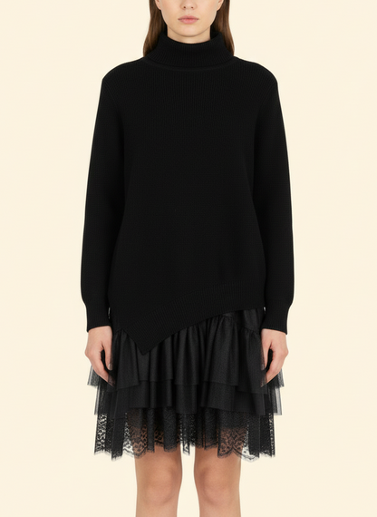 Set 2 pezzi: abito canotta con balze in tulle + pullover asimmetrico – Nero