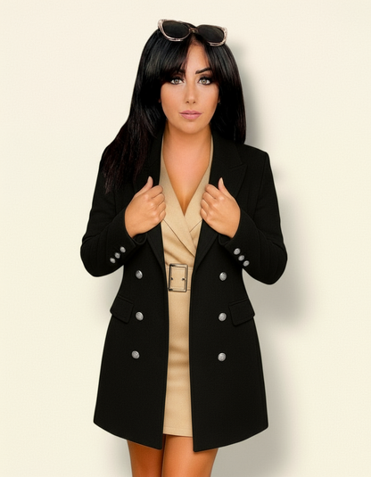 Blazer Lungo in Suede con Bottoni Frontali - Nero