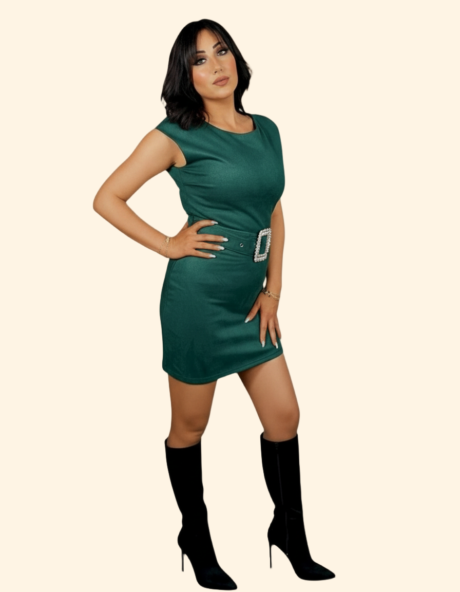 Abito Tubino in Suede con Cintura Gioiello - Verde