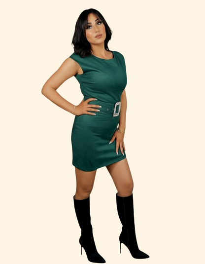 Abito Tubino in Suede con Cintura Gioiello - Verde
