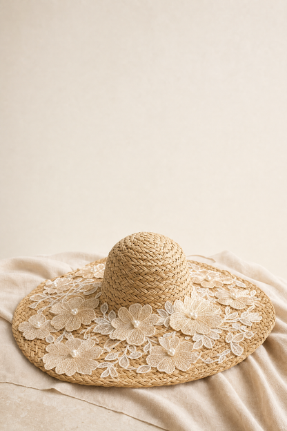 FLO BEIGE - Cappello in paglia con Fiori 3D in Pizzo Beige