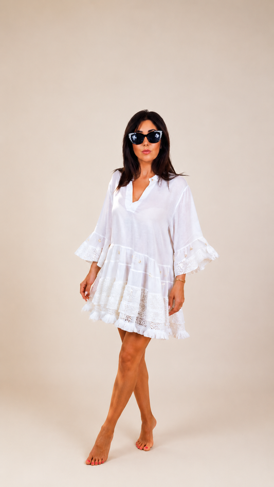 LUNA — Abito in Cotone e Pizzo con Frange Bianco