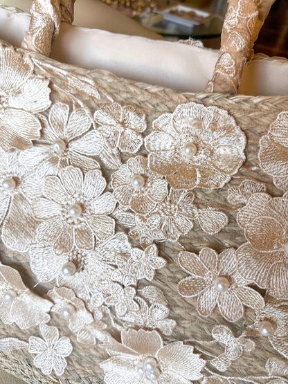 MAREA BEIGE - Borsa in paglia con Fiori 3D in Pizzo Beige