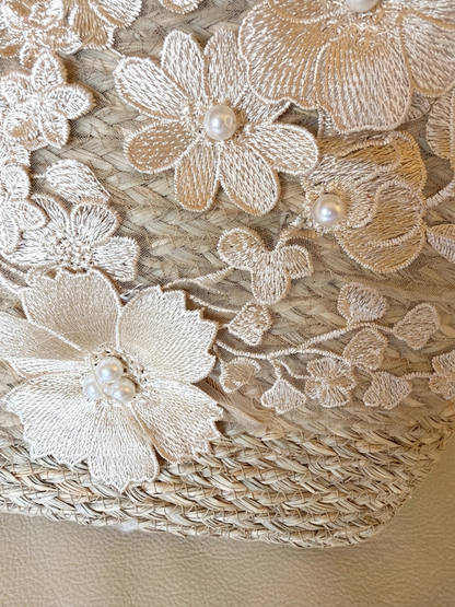 MAREA BEIGE - Borsa in paglia con Fiori 3D in Pizzo Beige