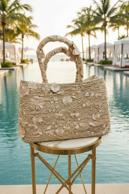 MAREA BEIGE - Borsa in paglia con Fiori 3D in Pizzo Beige