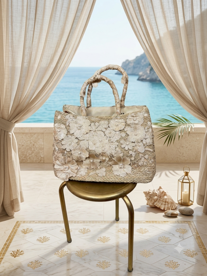 MAREA BEIGE - Borsa in paglia con Fiori 3D in Pizzo Beige