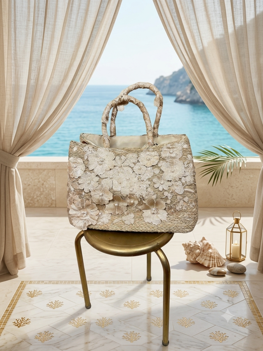 MAREA BEIGE - Borsa in paglia con Fiori 3D in Pizzo Beige