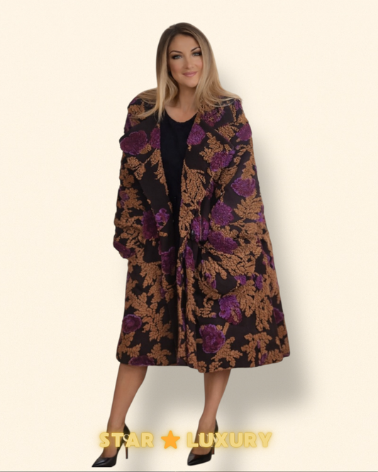 Cappotto Over Bouclé Fantasia Floreale - Marrone e viola