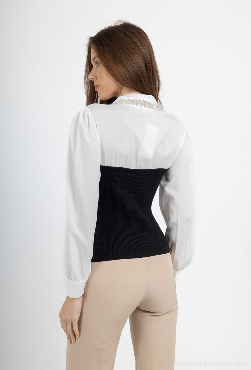 Knit corset shirt with jewel collar