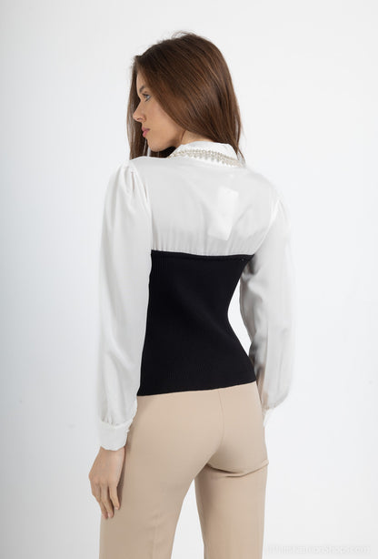 Knit corset shirt with jewel collar