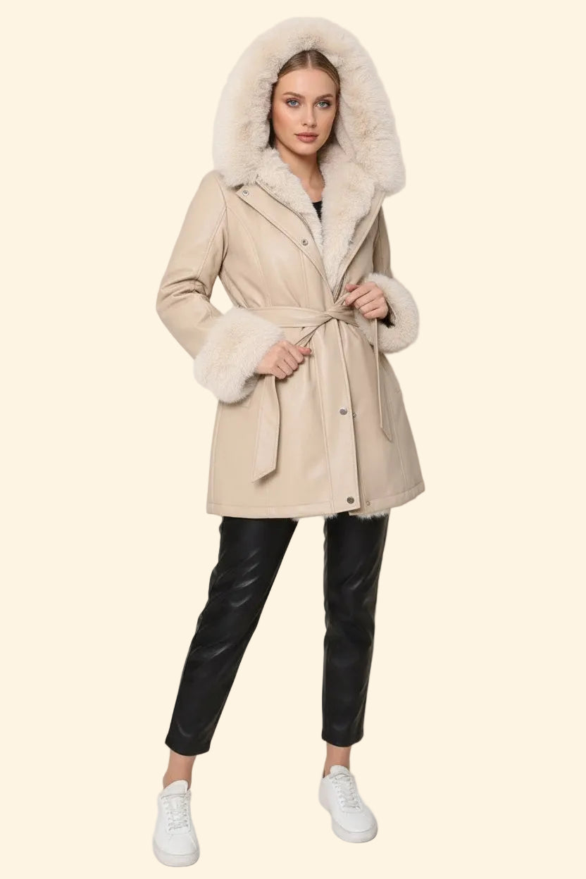 CAPPOTTO ECOPPELLE CON PELLICCIA ECOLOGICA – BEIGE
