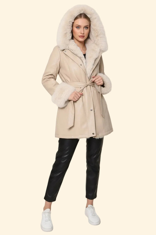 CAPPOTTO ECOPPELLE CON PELLICCIA ECOLOGICA – BEIGE