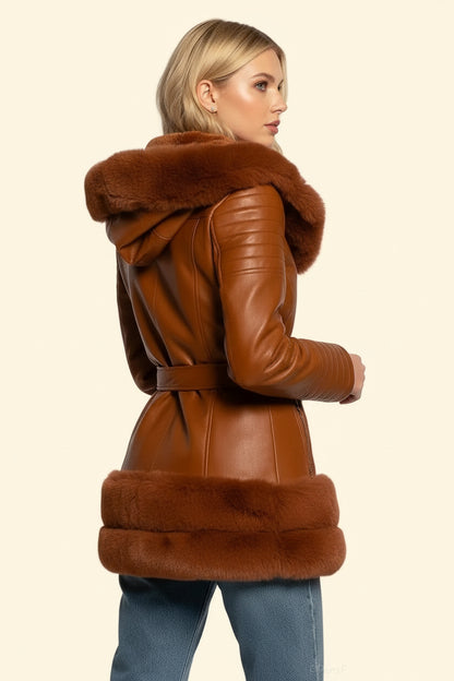 Cappotto Ecopelle con Pelliccia Ecologica e Interno Teddy - Terracotta
