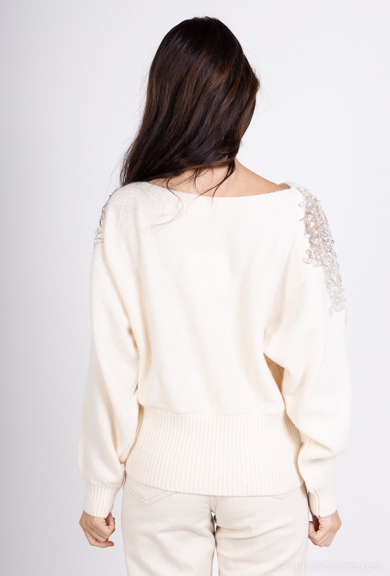 Oversized sweater with rhinestone embroidery